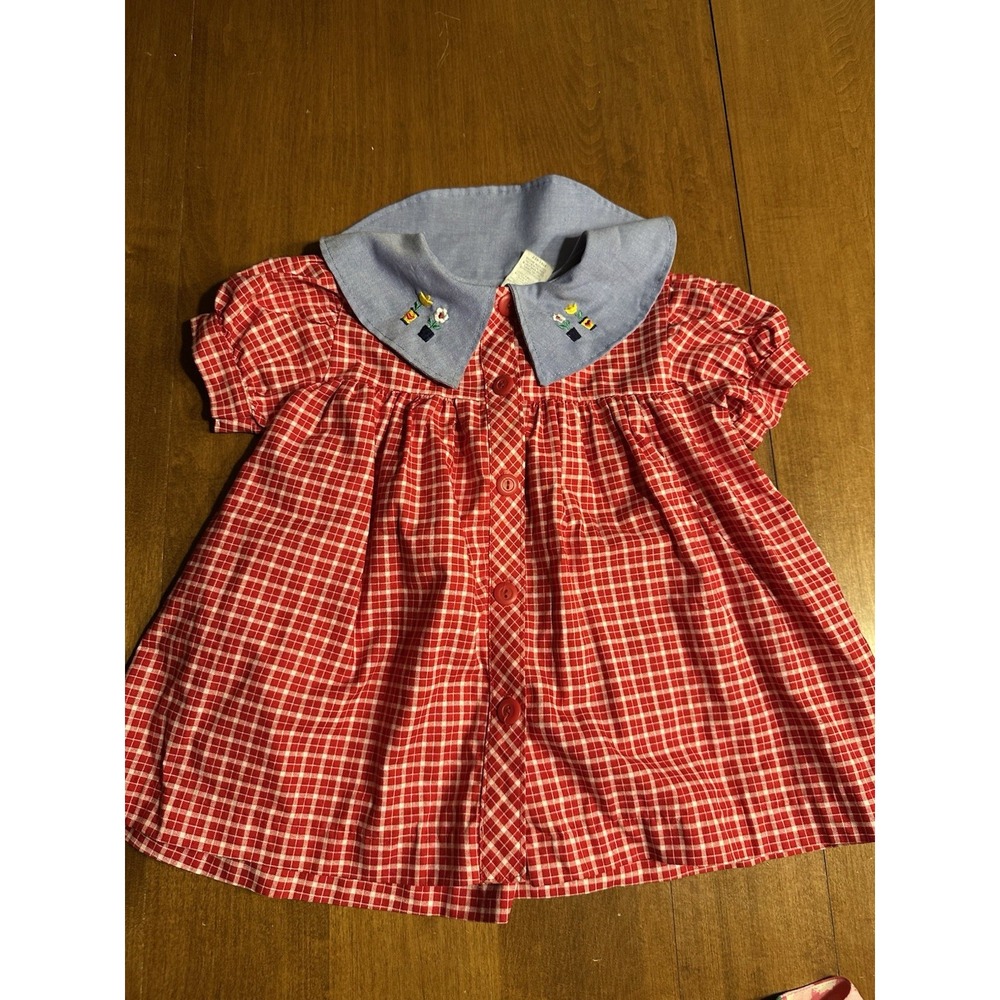 Mayfair Kids Red Check Plaid Collar Ruffle Dress Sears 2T VTG